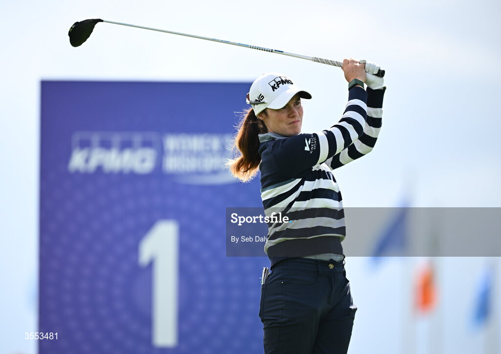 30 August 2026; Leona Maguire of Ireland watches her tee shot on the first hole during day four of the 2026 KPMG Women’s Irish Open Golf Championship at The K Club in Straffan, Kildare. Photo by Seb Daly/Sportsfile