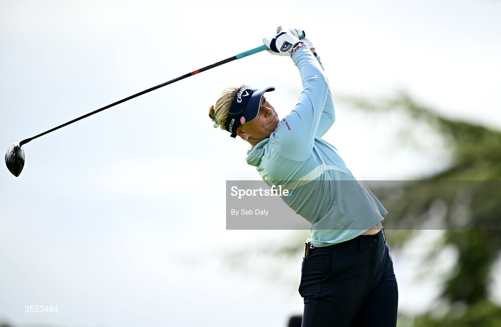 30 August 2026; Louise Rydqvist of Sweden watches her tee shot on the first hole during day four of the 2026 KPMG Women’s Irish Open Golf Championship at The K Club in Straffan, Kildare. Photo by Seb Daly/Sportsfile
