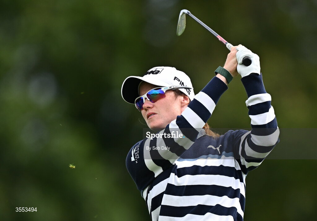 30 August 2026; Leona Maguire of Ireland watches her tee shot on the second hole during day four of the 2026 KPMG Women’s Irish Open Golf Championship at The K Club in Straffan, Kildare. Photo by Seb Daly/Sportsfile