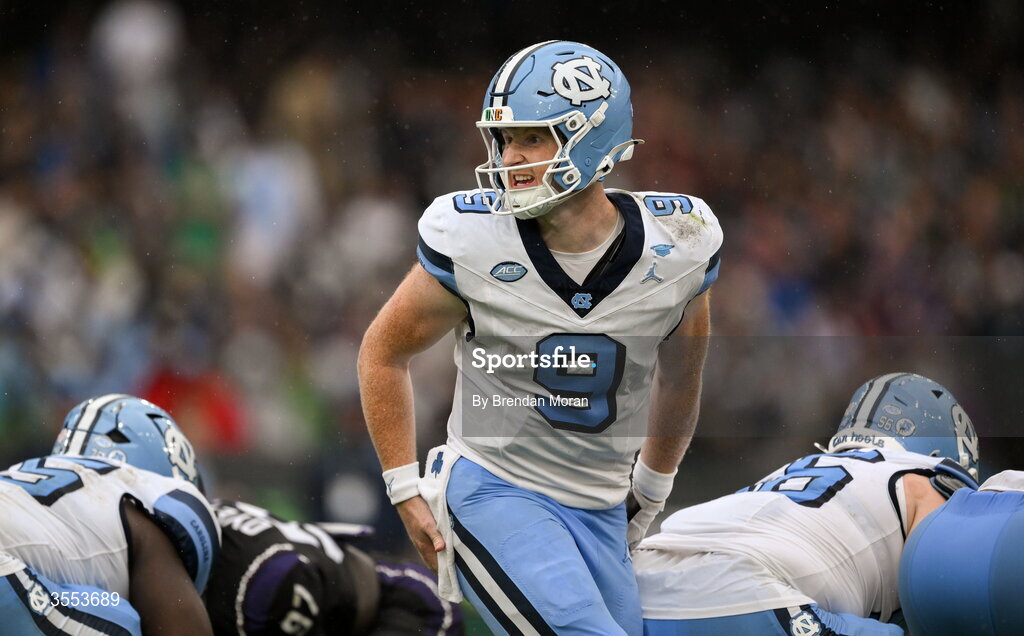 29 August 2026; North Carolina quarterback Billy Edwards Jr #9 during the 2026 Aer Lingus College Football Classic match between TCU and North Carolina at the Aviva Stadium in Dublin. Photo by Brendan Moran/Sportsfile