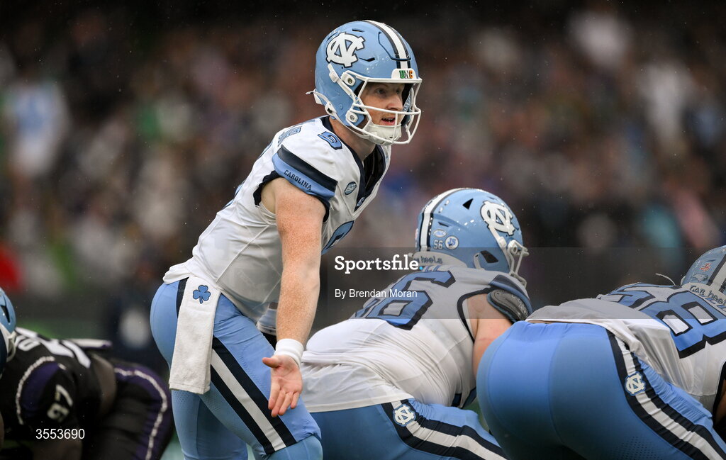 29 August 2026; North Carolina quarterback Billy Edwards Jr #9 during the 2026 Aer Lingus College Football Classic match between TCU and North Carolina at the Aviva Stadium in Dublin. Photo by Brendan Moran/Sportsfile