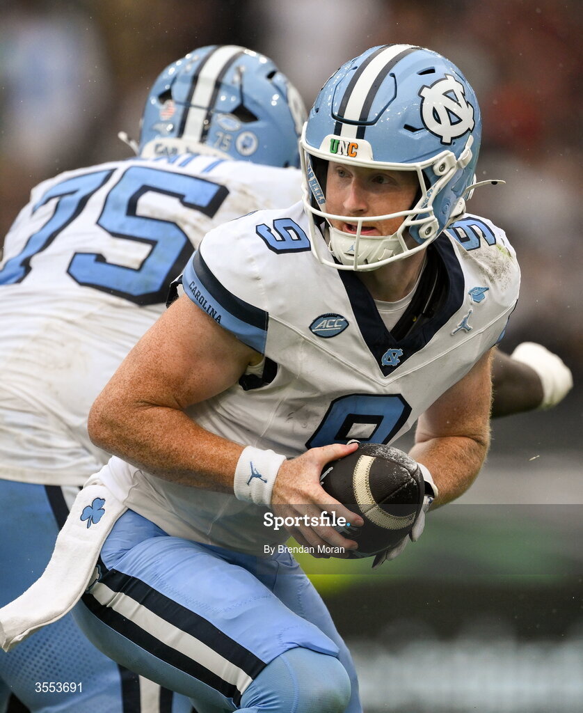 29 August 2026; North Carolina quarterback Billy Edwards Jr #9 during the 2026 Aer Lingus College Football Classic match between TCU and North Carolina at the Aviva Stadium in Dublin. Photo by Brendan Moran/Sportsfile