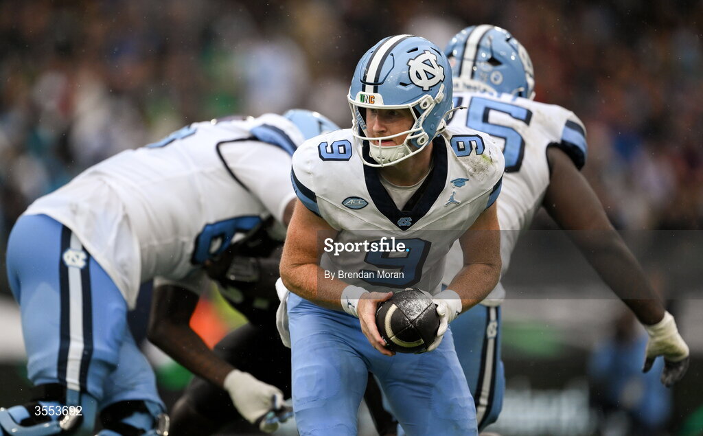 29 August 2026; North Carolina quarterback Billy Edwards Jr #9 during the 2026 Aer Lingus College Football Classic match between TCU and North Carolina at the Aviva Stadium in Dublin. Photo by Brendan Moran/Sportsfile