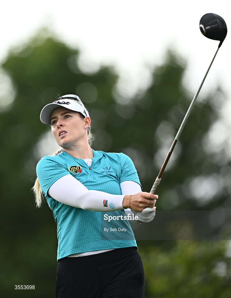 30 August 2026; Casandra Alexander of South Africa watches her tee shot on the fifth hole during day four of the 2026 KPMG Women’s Irish Open Golf Championship at The K Club in Straffan, Kildare. Photo by Seb Daly/Sportsfile