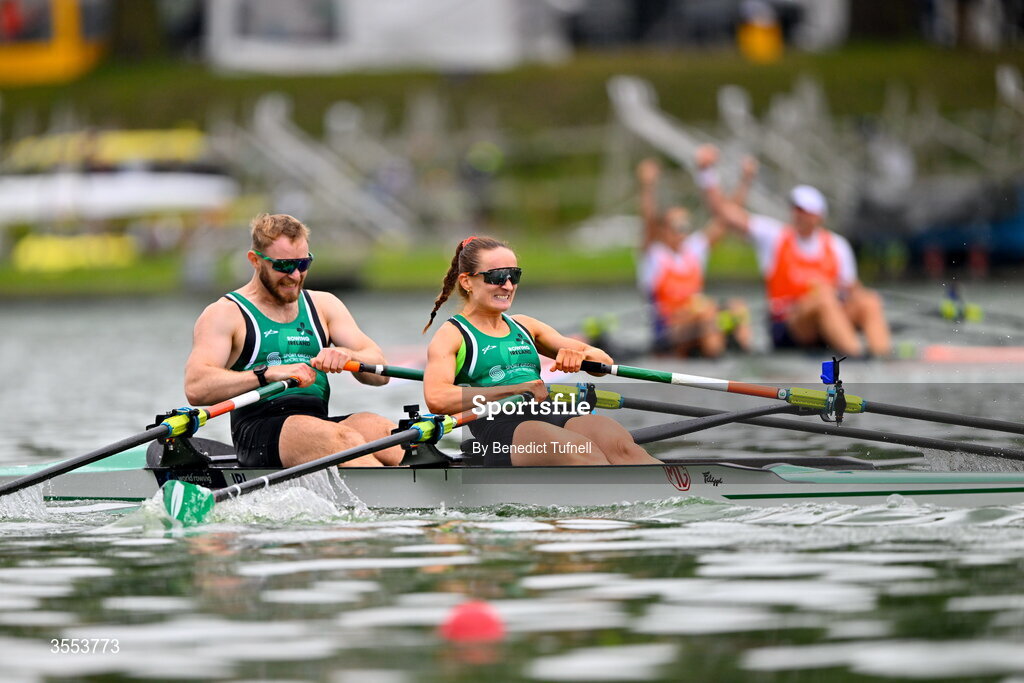 30 August 2026; Mags Cremen and Konan Pazzaia of Ireland on their way to winning silver in the Mixed Double Sculls Final A during the 2026 World Rowing Championships at Bosbaan in Amsterdam, Netherlands. Photo by Benedict Tufnell/Sportsfile