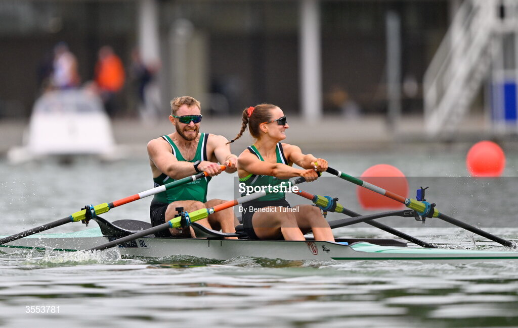 30 August 2026; Mags Cremen and Konan Pazzaia of Ireland on their way to winning silver in the Mixed Double Sculls Final A during the 2026 World Rowing Championships at Bosbaan in Amsterdam, Netherlands. Photo by Benedict Tufnell/Sportsfile