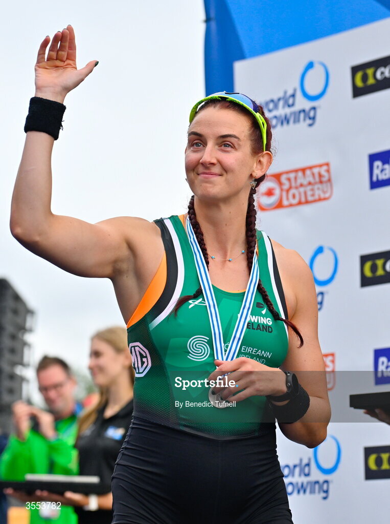 30 August 2026; Fiona Murtagh of Ireland with her silver medal after the Women's Single Sculls Final A during the 2026 World Rowing Championships at Bosbaan in Amsterdam, Netherlands. Photo by Benedict Tufnell/Sportsfile