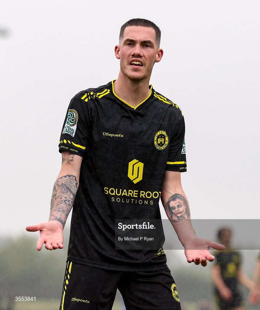29 August 2026; Dean Denieffe Kelly of CK United reacts during the FAI National League Group 3 match between CK United and Newbridge Town at SETU Sports Complex in Carlow. Photo by Michael P Ryan/Sportsfile