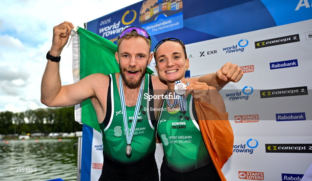 30 August 2026; Konan Pazzaia and Margaret Cremen of Ireland celebrate with their silver medals after the mixed Double Sculls Final A during the 2026 World Rowing Championships at Bosbaan in Amsterdam, Netherlands. Photo by Benedict Tufnell/Sportsfile