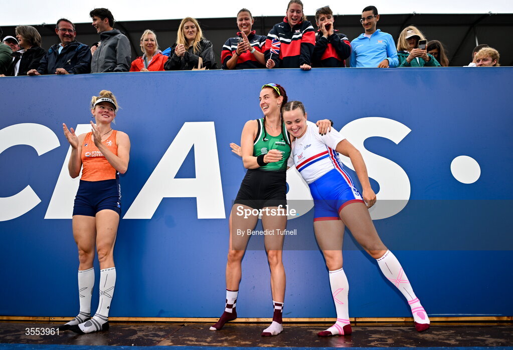 30 August 2026; Fiona Murtagh of Ireland, second, celebrates with Lauren Henry of Great Britain, first, after the Women's Single Sculls Final during the 2026 World Rowing Championships at Bosbaan in Amsterdam, Netherlands. Photo by Benedict Tufnell/Sportsfile