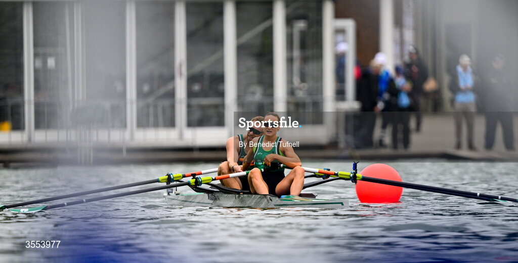 30 August 2026; Konan Pazzaia and Margaret Cremen of Ireland react after winning silver in the Mixed Double Sculls Final during the 2026 World Rowing Championships at Bosbaan in Amsterdam, Netherlands. Photo by Benedict Tufnell/Sportsfile