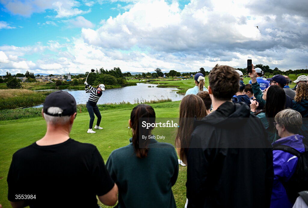 30 August 2026; Leona Maguire of Ireland plays her tee shot on the 16th hole as spectators look on during day four of the 2026 KPMG Women’s Irish Open Golf Championship at The K Club in Straffan, Kildare. Photo by Seb Daly/Sportsfile