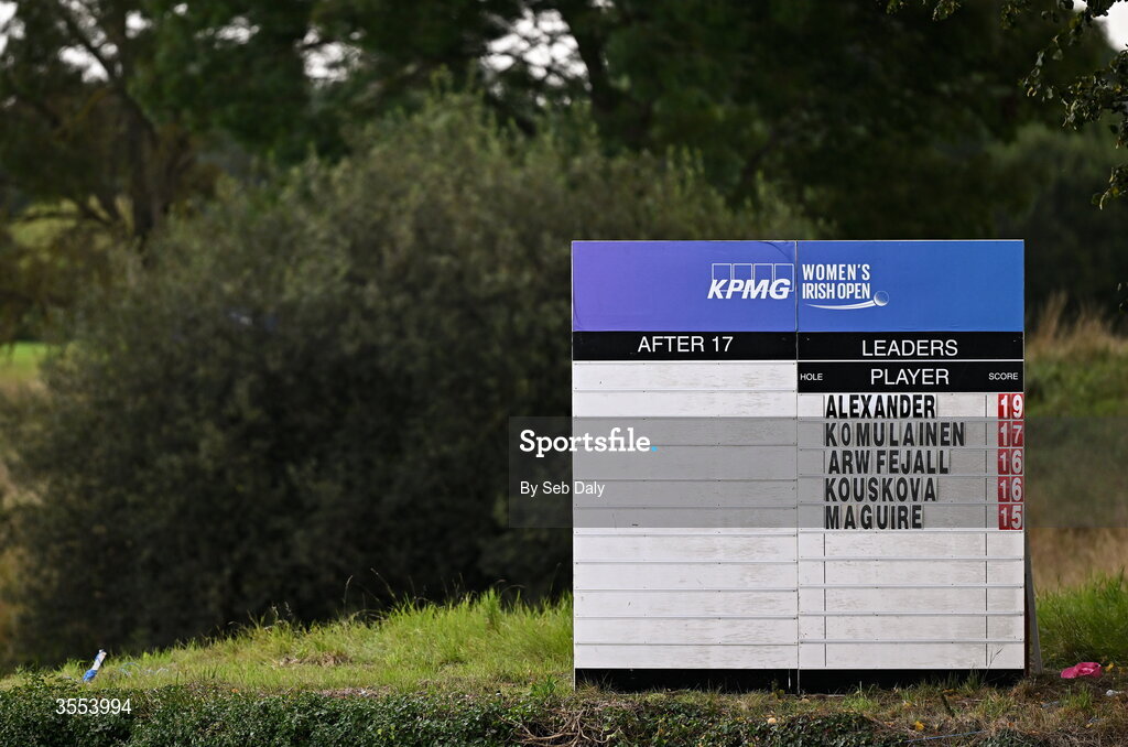 30 August 2026; A general view of the leader board as play is suspended due to thunder storms in the area during day four of the 2026 KPMG Women’s Irish Open Golf Championship at The K Club in Straffan, Kildare. Photo by Seb Daly/Sportsfile