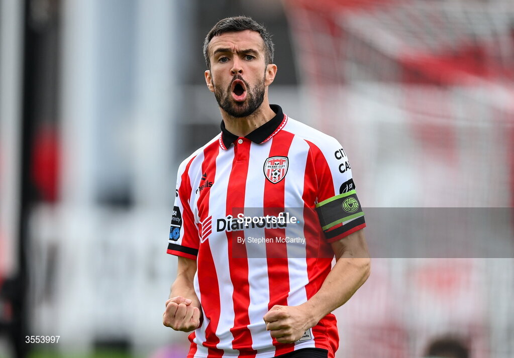 30 August 2026; Michael Duffy of Derry City celebrates his side's first goal scored by teammate Ellis Chapman, not pictured, during the SSE Airtricity Men’s Premier Division match between Derry City and Shamrock Rovers at The Ryan McBride Brandywell Stadium in Derry. Photo by Stephen McCarthy/Sportsfile