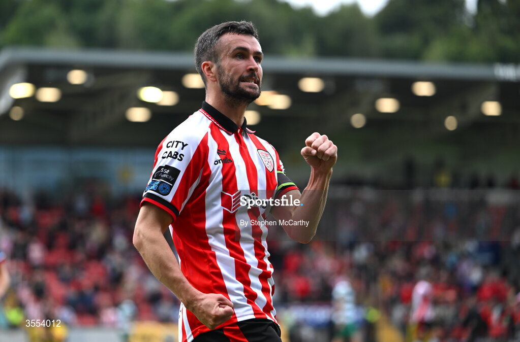 30 August 2026; Michael Duffy of Derry City celebrates after scoring his side's seond goal during the SSE Airtricity Men’s Premier Division match between Derry City and Shamrock Rovers at The Ryan McBride Brandywell Stadium in Derry. Photo by Stephen McCarthy/Sportsfile