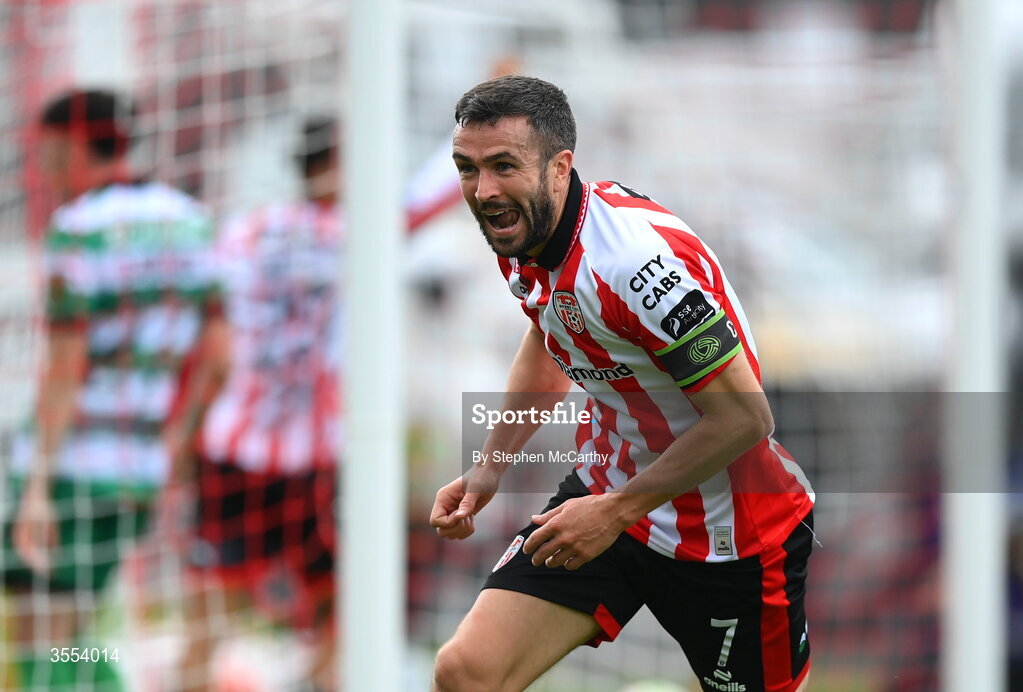30 August 2026; Michael Duffy of Derry City celebrates after scoring his side's seond goal during the SSE Airtricity Men’s Premier Division match between Derry City and Shamrock Rovers at The Ryan McBride Brandywell Stadium in Derry. Photo by Stephen McCarthy/Sportsfile
