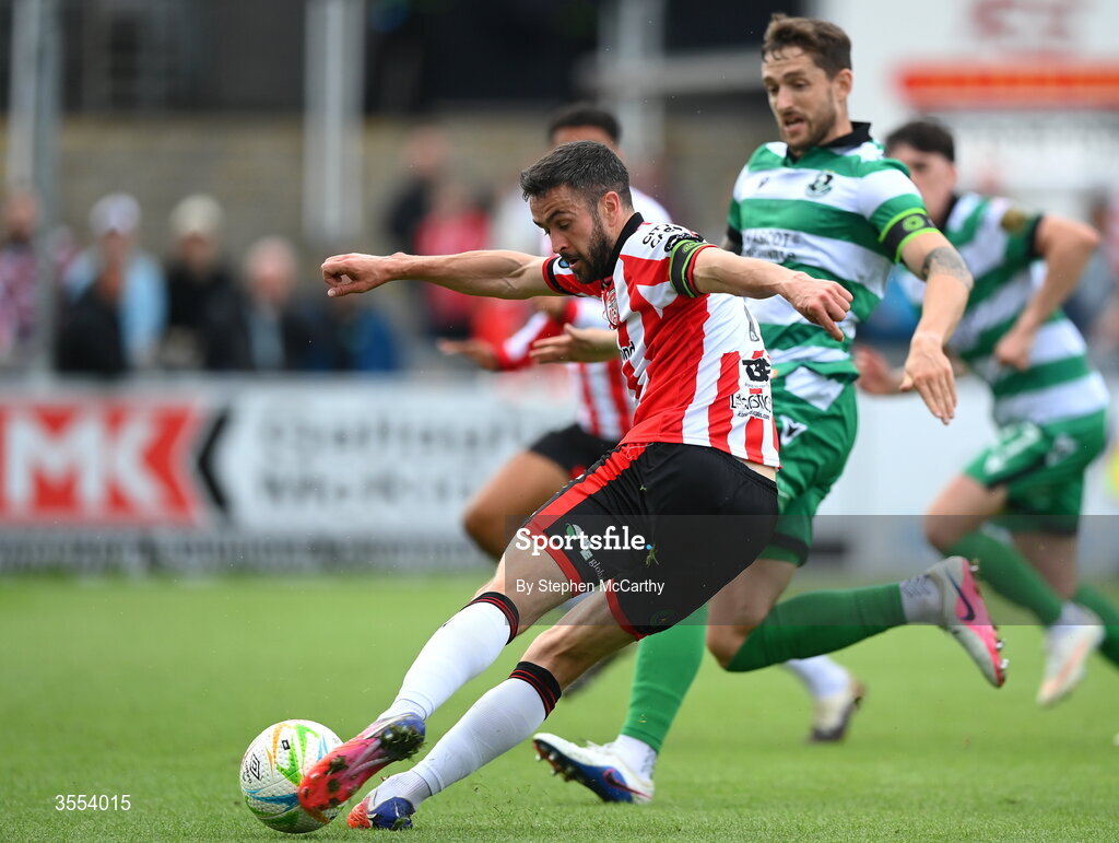 30 August 2026; Michael Duffy of Derry City on his way to scoring his side's second goal during the SSE Airtricity Men’s Premier Division match between Derry City and Shamrock Rovers at The Ryan McBride Brandywell Stadium in Derry. Photo by Stephen McCarthy/Sportsfile