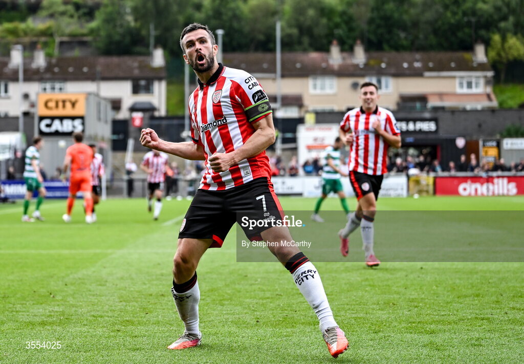 30 August 2026; Michael Duffy of Derry City celebrates after scoring his side's seond goal during the SSE Airtricity Men’s Premier Division match between Derry City and Shamrock Rovers at The Ryan McBride Brandywell Stadium in Derry. Photo by Stephen McCarthy/Sportsfile