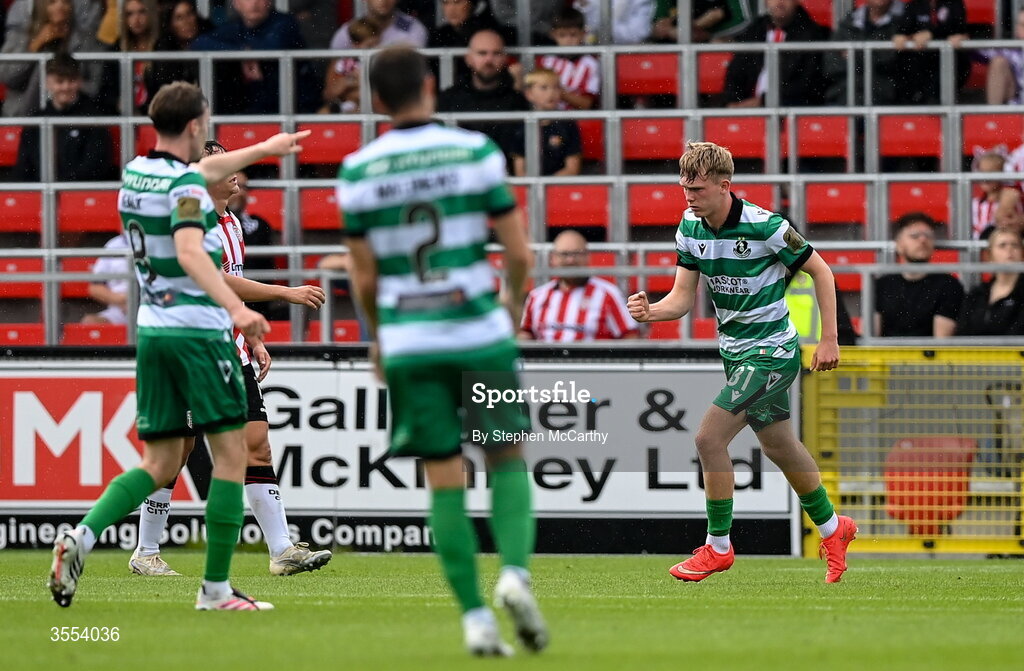 30 August 2026; Michael Noonan of Shamrock Rovers celebrates after scoring his side's first goal during the SSE Airtricity Men’s Premier Division match between Derry City and Shamrock Rovers at The Ryan McBride Brandywell Stadium in Derry. Photo by Stephen McCarthy/Sportsfile