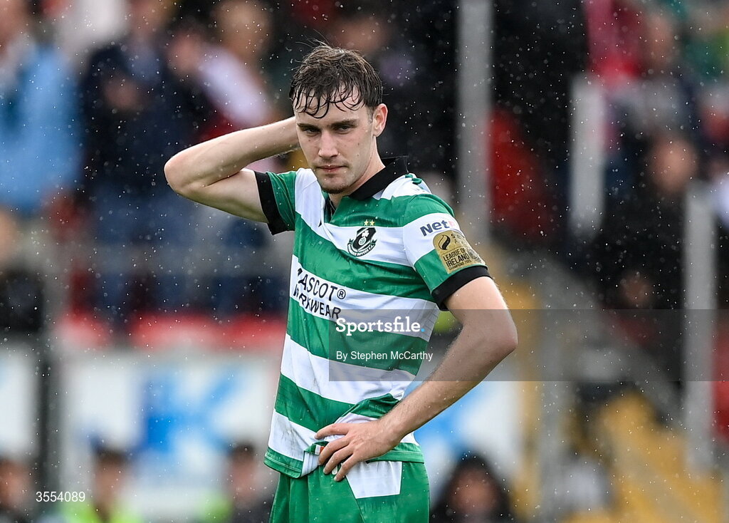 30 August 2026; Matt Healy of Shamrock Rovers reacts after his side conceides a third goal during the SSE Airtricity Men’s Premier Division match between Derry City and Shamrock Rovers at The Ryan McBride Brandywell Stadium in Derry. Photo by Stephen McCarthy/Sportsfile