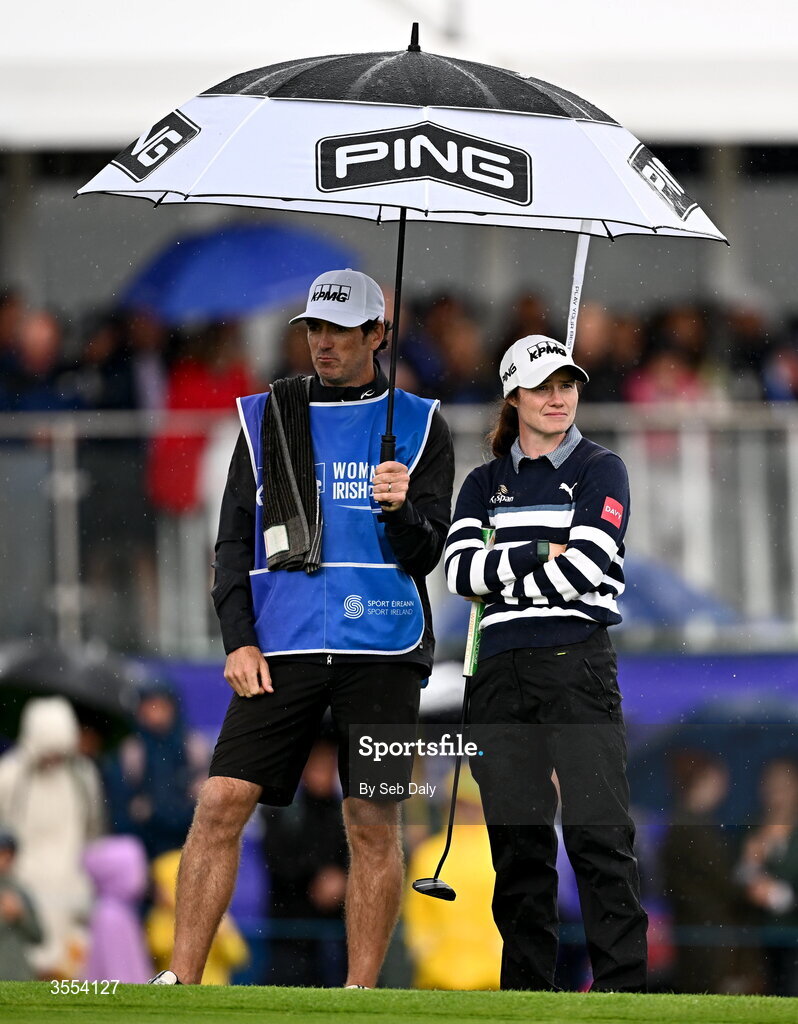 30 August 2026; Leona Maguire of Ireland with her caddie Simon Keelan on the 18th green during day four of the 2026 KPMG Women’s Irish Open Golf Championship at The K Club in Straffan, Kildare. Photo by Seb Daly/Sportsfile