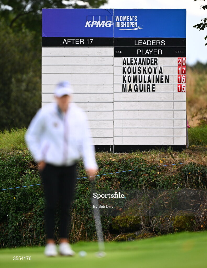 30 August 2026; The leaderboard is seen as Casandra Alexander of South Africa lines up a putt on the 18th green during day four of the 2026 KPMG Women’s Irish Open Golf Championship at The K Club in Straffan, Kildare. Photo by Seb Daly/Sportsfile