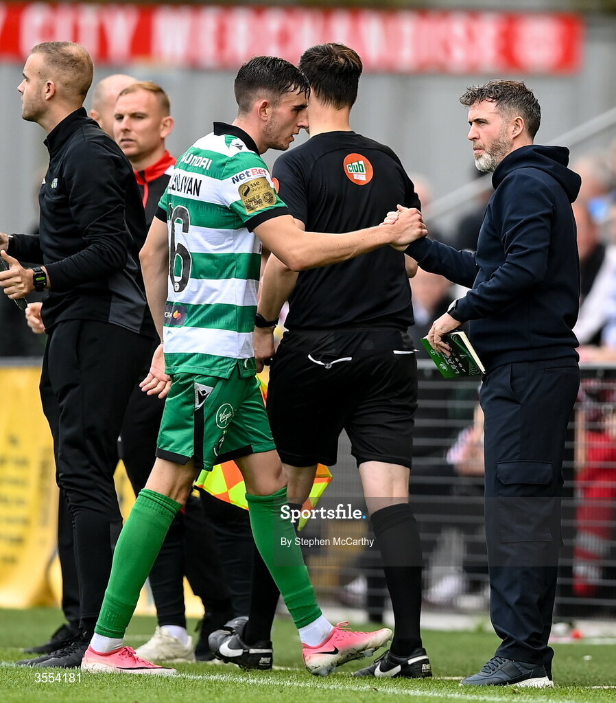 30 August 2026; Shamrock Rovers manager Stephen Bradley with John O'Sullivan of Shamrock Rovers during the SSE Airtricity Men’s Premier Division match between Derry City and Shamrock Rovers at The Ryan McBride Brandywell Stadium in Derry. Photo by Stephen McCarthy/Sportsfile
