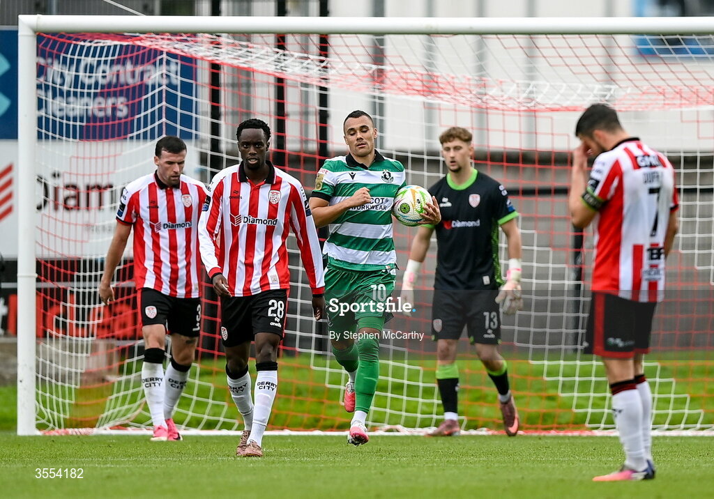 30 August 2026; Graham Burke of Shamrock Rovers after scoring his side's second goal during the SSE Airtricity Men’s Premier Division match between Derry City and Shamrock Rovers at The Ryan McBride Brandywell Stadium in Derry. Photo by Stephen McCarthy/Sportsfile