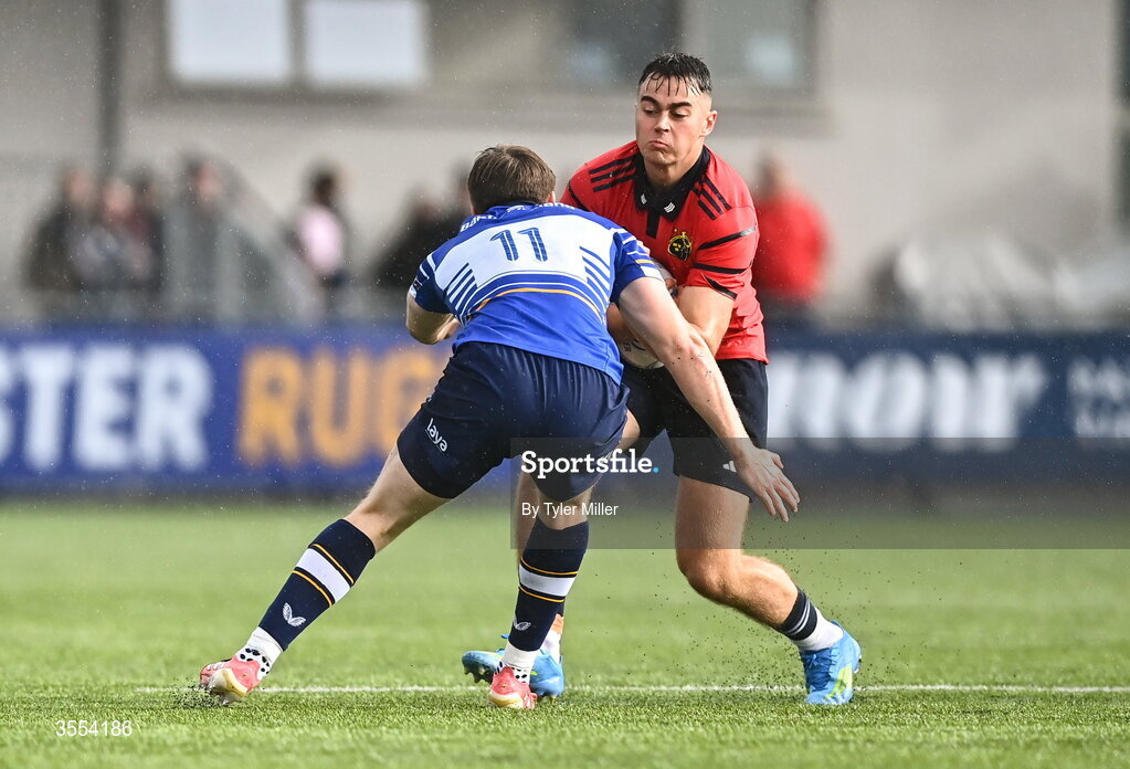 30 August 2026; Cathal O'Mara of Munster in action against Tadg Young of Leinster during the PwC U19 InterProvincial Championship match between Leinster and Munster at Energia Park in Dublin. Photo by Tyler Miller/Sportsfile