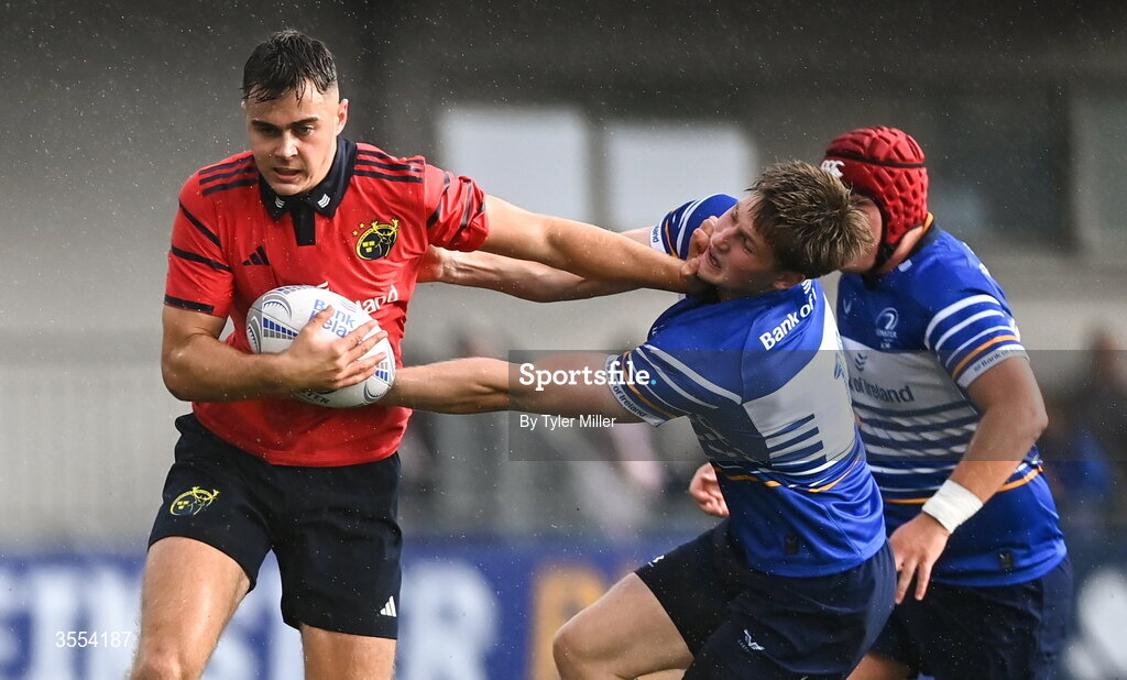 30 August 2026; Cathal O'Mara of Munster in action against Tadg Young of Leinster during the PwC U19 InterProvincial Championship match between Leinster and Munster at Energia Park in Dublin. Photo by Tyler Miller/Sportsfile