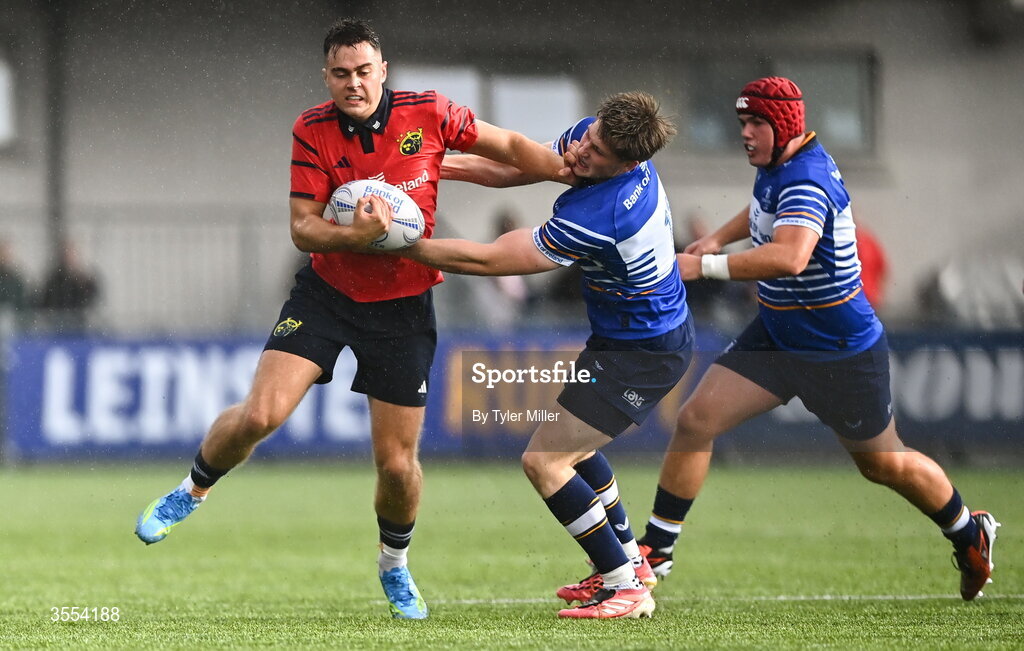 30 August 2026; Cathal O'Mara of Munster in action against Tadg Young of Leinster during the PwC U19 InterProvincial Championship match between Leinster and Munster at Energia Park in Dublin. Photo by Tyler Miller/Sportsfile