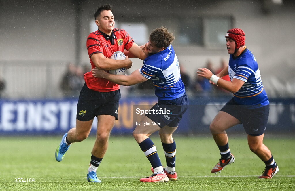 30 August 2026; Cathal O'Mara of Munster in action against Tadg Young of Leinster during the PwC U19 InterProvincial Championship match between Leinster and Munster at Energia Park in Dublin. Photo by Tyler Miller/Sportsfile