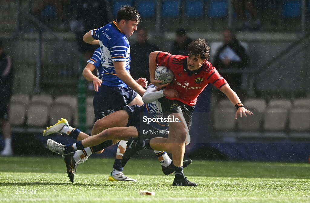 30 August 2026; Lewis Lineham of Munster in action against Max Roche of Leinster during the PwC U19 InterProvincial Championship match between Leinster and Munster at Energia Park in Dublin. Photo by Tyler Miller/Sportsfile