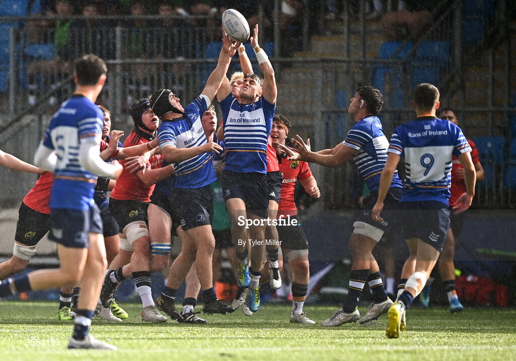 30 August 2026; Players from both sides tussle for possession during the PwC U19 InterProvincial Championship match between Leinster and Munster at Energia Park in Dublin. Photo by Tyler Miller/Sportsfile