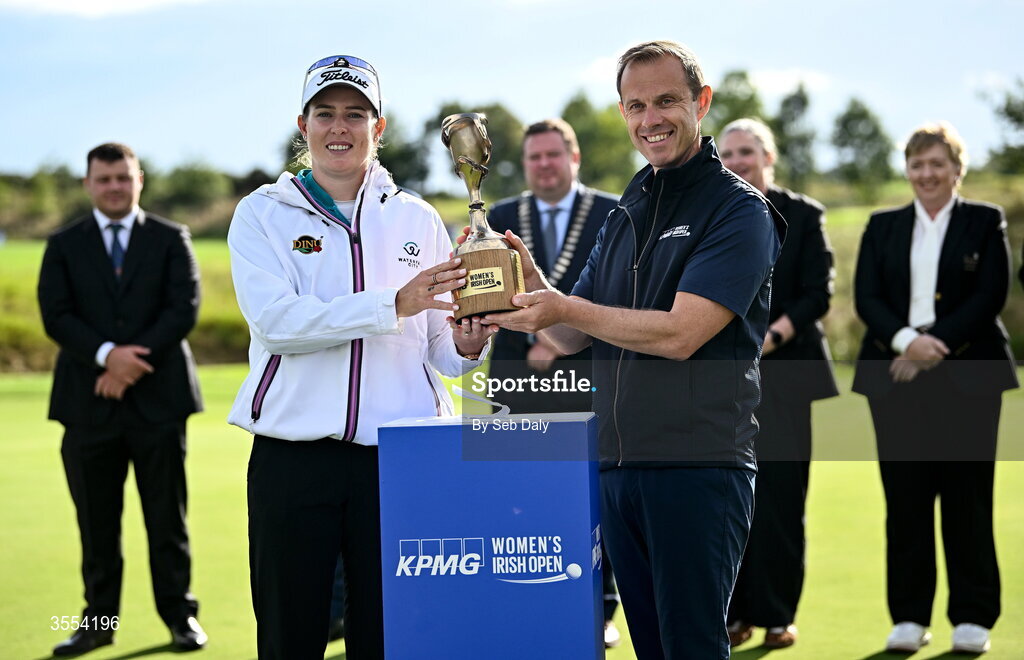 30 August 2026; Casandra Alexander of South Africa is presented the trophy by Managing Partner of KPMG Ryan McCarthy during day four of the 2026 KPMG Women’s Irish Open Golf Championship at The K Club in Straffan, Kildare. Photo by Seb Daly/Sportsfile