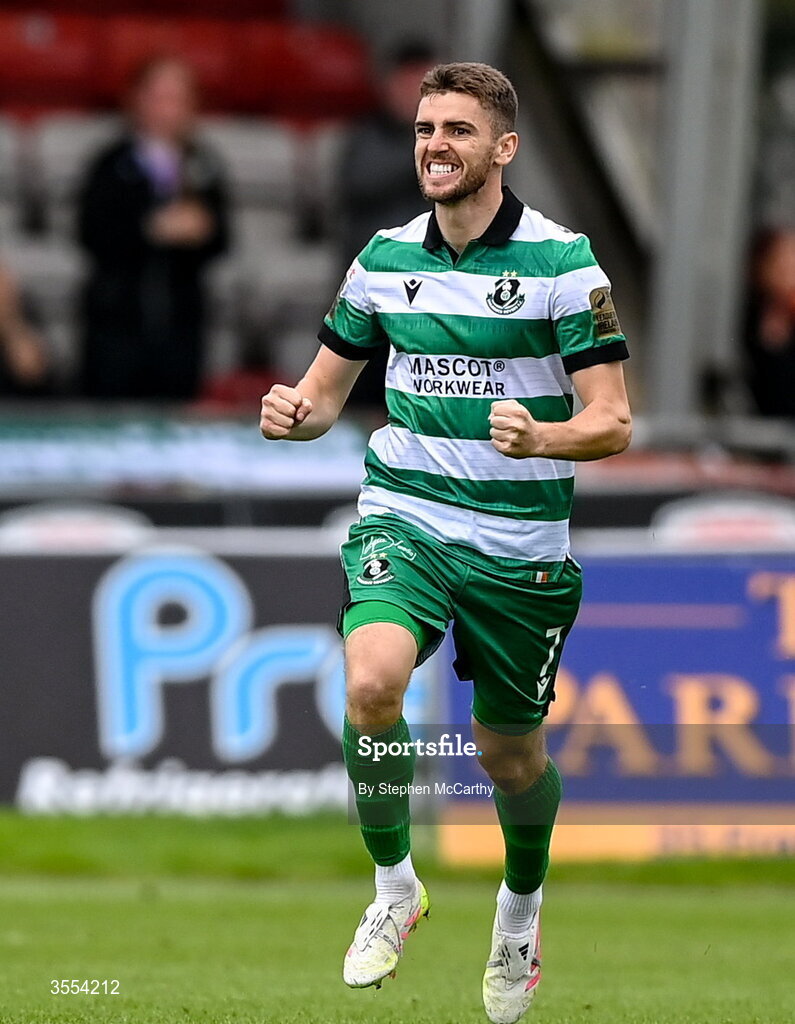 30 August 2026; Dylan Watts of Shamrock Rovers celebrates after scoring his side's third goal during the SSE Airtricity Men’s Premier Division match between Derry City and Shamrock Rovers at The Ryan McBride Brandywell Stadium in Derry. Photo by Stephen McCarthy/Sportsfile