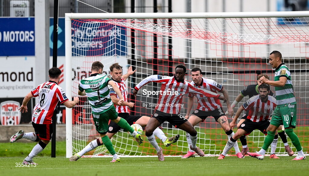 30 August 2026; Dylan Watts of Shamrock Rovers shoots to score his side's third goal during the SSE Airtricity Men’s Premier Division match between Derry City and Shamrock Rovers at The Ryan McBride Brandywell Stadium in Derry. Photo by Stephen McCarthy/Sportsfile