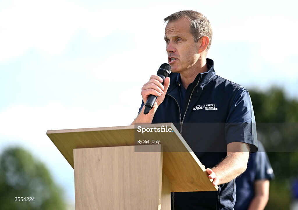 30 August 2026; Managing Partner of KPMG Ryan McCarthy speaks during day four of the 2026 KPMG Women’s Irish Open Golf Championship at The K Club in Straffan, Kildare. Photo by Seb Daly/Sportsfile