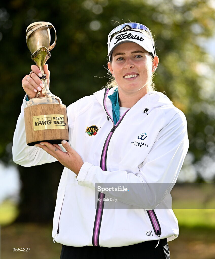 30 August 2026; Casandra Alexander of South Africa with the trophy after winning the 2026 KPMG Women’s Irish Open Golf Championship at The K Club in Straffan, Kildare. Photo by Seb Daly/Sportsfile