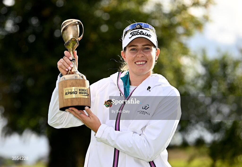 30 August 2026; Casandra Alexander of South Africa with the trophy after winning the 2026 KPMG Women’s Irish Open Golf Championship at The K Club in Straffan, Kildare. Photo by Seb Daly/Sportsfile