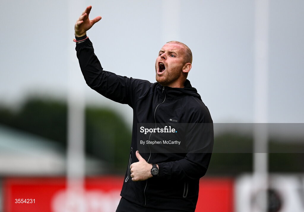 30 August 2026; Derry City interim manager Mark Connolly reacts during the SSE Airtricity Men’s Premier Division match between Derry City and Shamrock Rovers at The Ryan McBride Brandywell Stadium in Derry. Photo by Stephen McCarthy/Sportsfile
