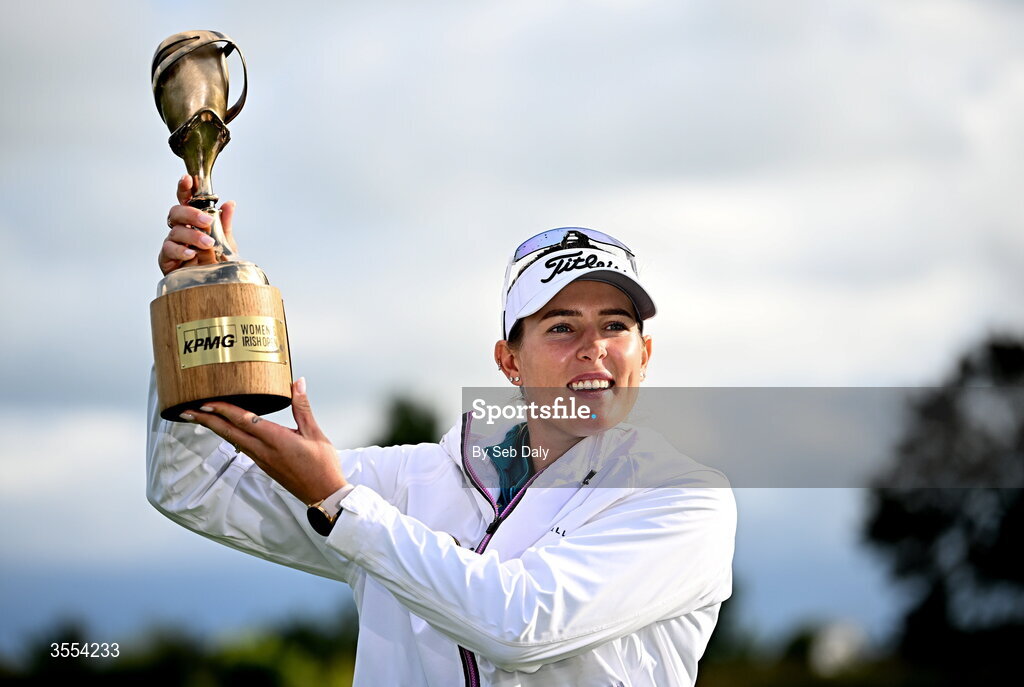 30 August 2026; Casandra Alexander of South Africa with the trophy after winning the 2026 KPMG Women’s Irish Open Golf Championship at The K Club in Straffan, Kildare. Photo by Seb Daly/Sportsfile