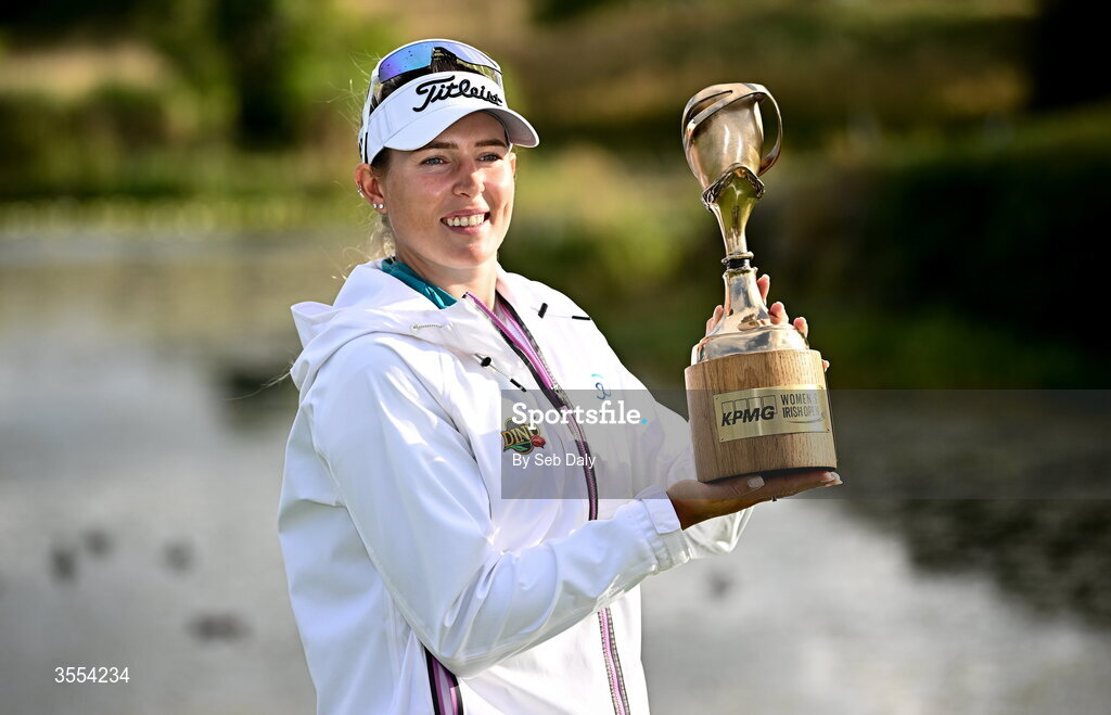 30 August 2026; Casandra Alexander of South Africa with the trophy after winning the 2026 KPMG Women’s Irish Open Golf Championship at The K Club in Straffan, Kildare. Photo by Seb Daly/Sportsfile