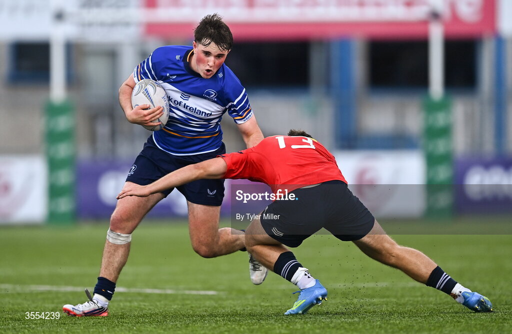 30 August 2026; Tom Martin of Leinster in action against Cathal O'Mara of Munster during the PwC U19 InterProvincial Championship match between Leinster and Munster at Energia Park in Dublin. Photo by Tyler Miller/Sportsfile