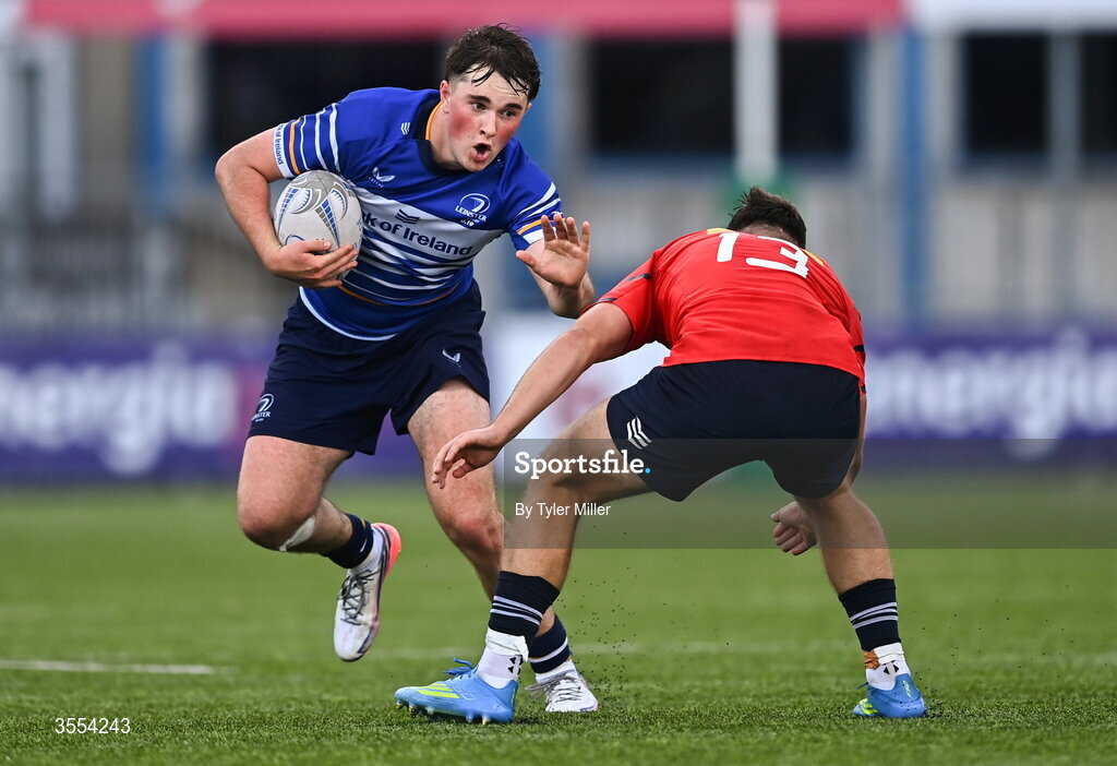 30 August 2026; Tom Martin of Leinster in action against Cathal O'Mara of Munster during the PwC U19 InterProvincial Championship match between Leinster and Munster at Energia Park in Dublin. Photo by Tyler Miller/Sportsfile