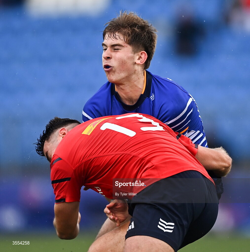 30 August 2026; Harrison McMahon of Leinster is tackled by Cathal O'Mara of Munster during the PwC U19 InterProvincial Championship match between Leinster and Munster at Energia Park in Dublin. Photo by Tyler Miller/Sportsfile