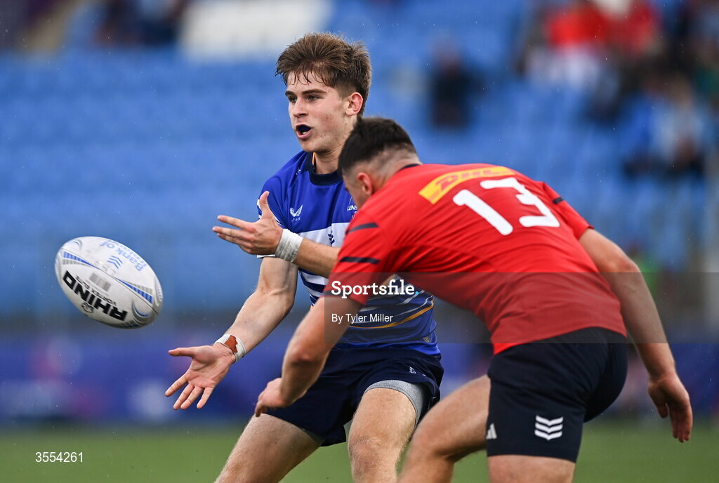 30 August 2026; Harrison McMahon of Leinster in action against Cathal O'Mara of Munster during the PwC U19 InterProvincial Championship match between Leinster and Munster at Energia Park in Dublin. Photo by Tyler Miller/Sportsfile
