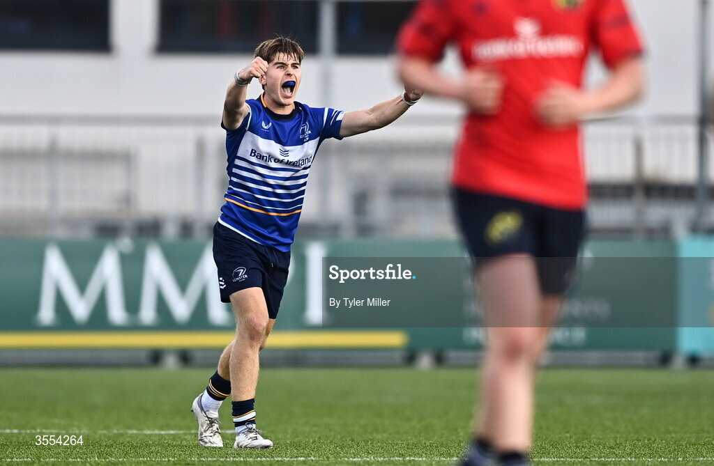 30 August 2026; Harrison McMahon of Leinster celebrates during the PwC U19 InterProvincial Championship match between Leinster and Munster at Energia Park in Dublin. Photo by Tyler Miller/Sportsfile