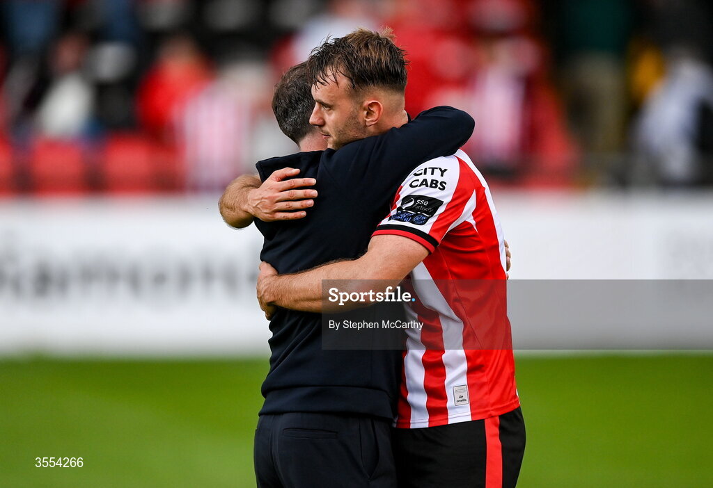 30 August 2026; Shamrock Rovers manager Stephen Bradley and Jamie Stott of Derry City embrace after the SSE Airtricity Men’s Premier Division match between Derry City and Shamrock Rovers at The Ryan McBride Brandywell Stadium in Derry. Photo by Stephen McCarthy/Sportsfile
