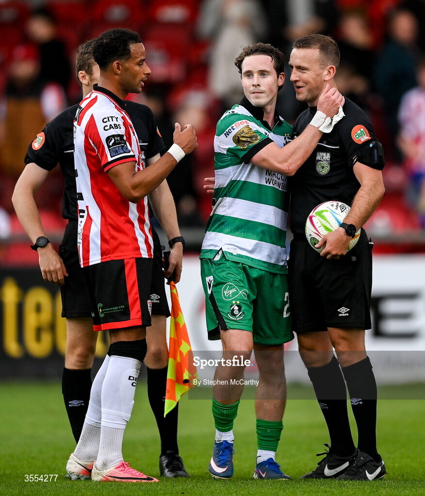 30 August 2026; Will Fitzgerald of Shamrock Rovers with referee Paul Norton after the SSE Airtricity Men’s Premier Division match between Derry City and Shamrock Rovers at The Ryan McBride Brandywell Stadium in Derry. Photo by Stephen McCarthy/Sportsfile